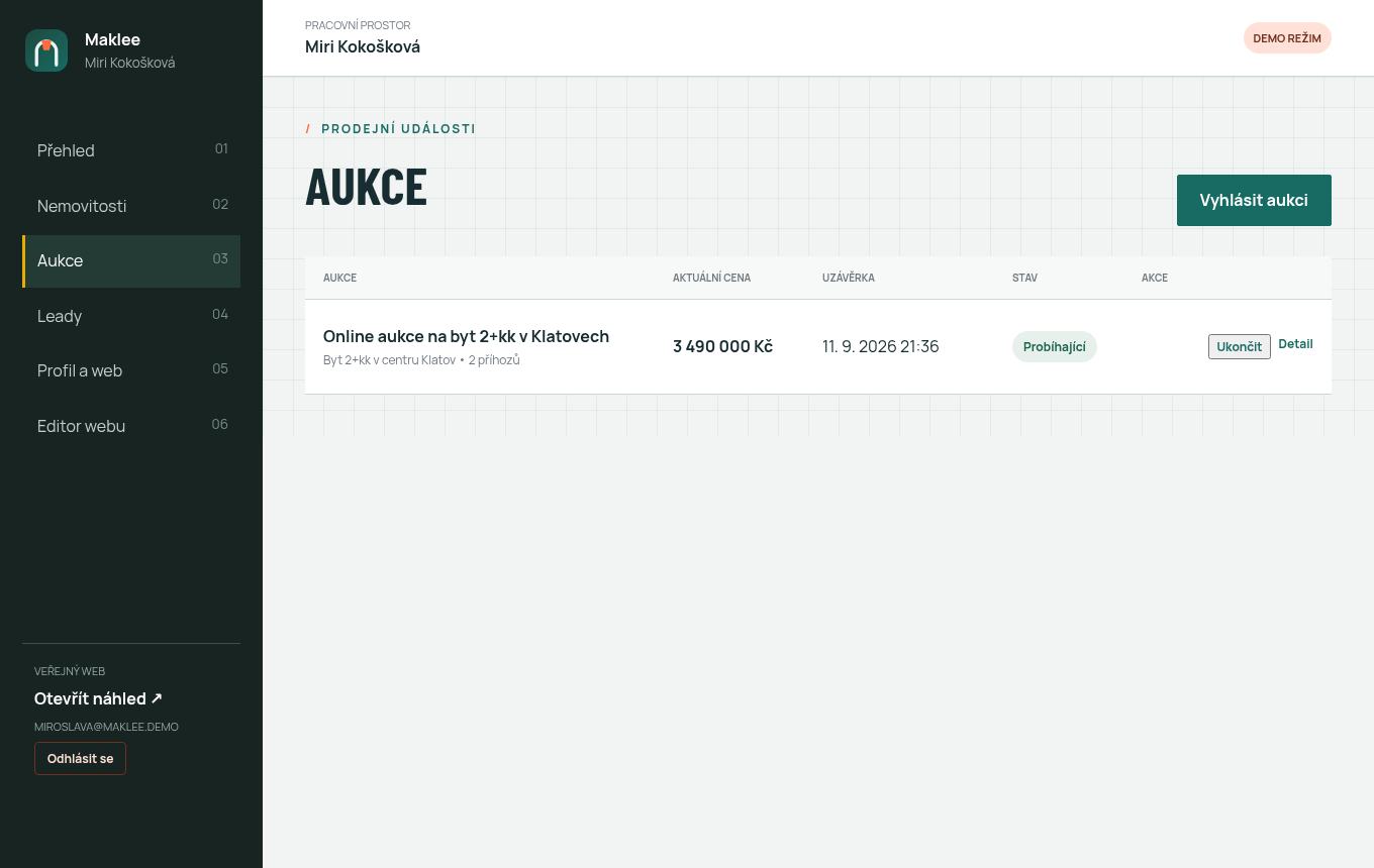 Seznam aukcí v administraci